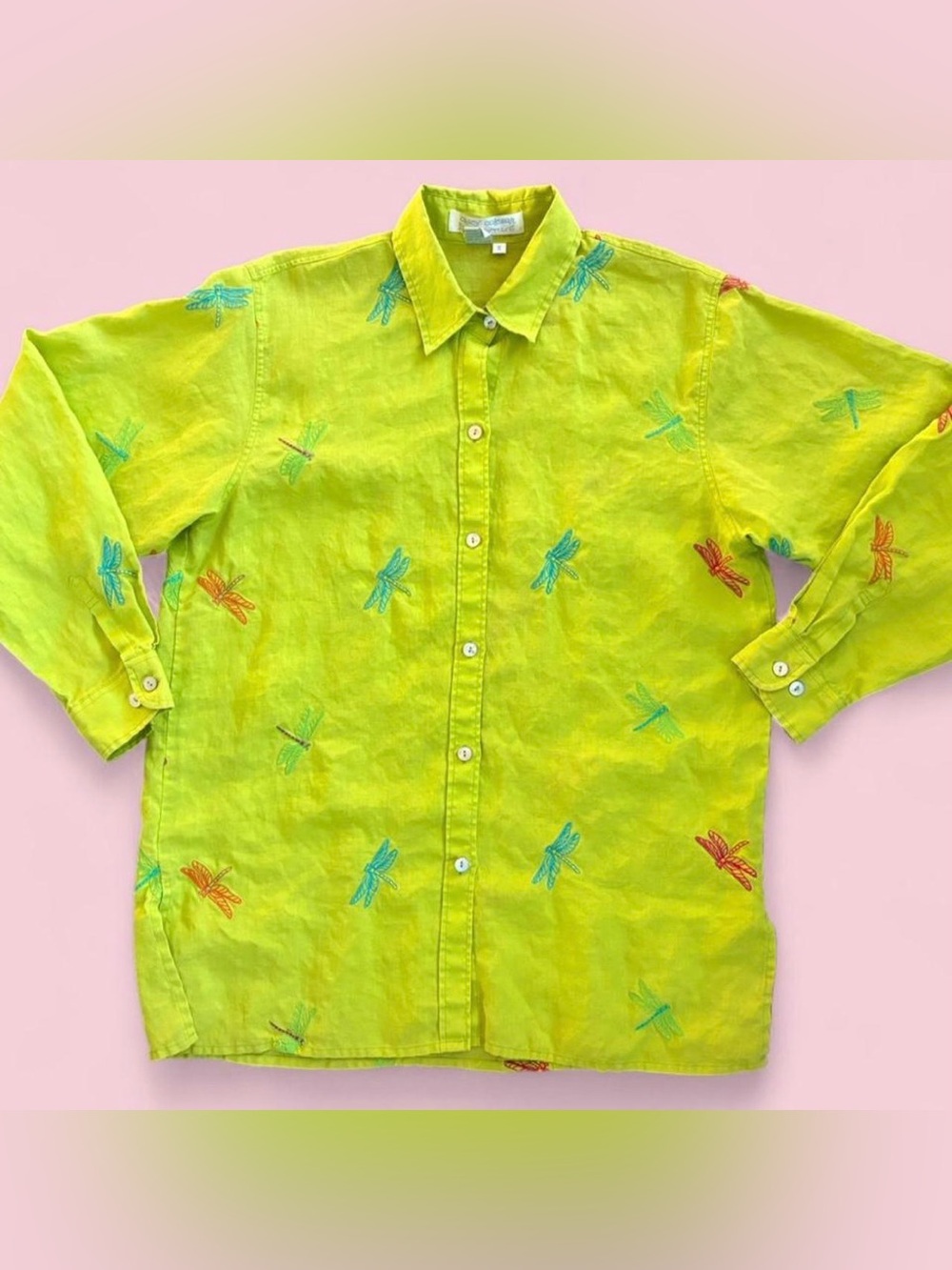 Vintage Casey Coleman Lime Green Dragonfly Linen Blouse Size M